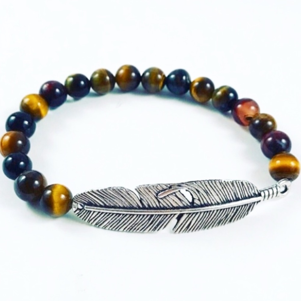 Genuine tiger eye silver boho feather bracelet